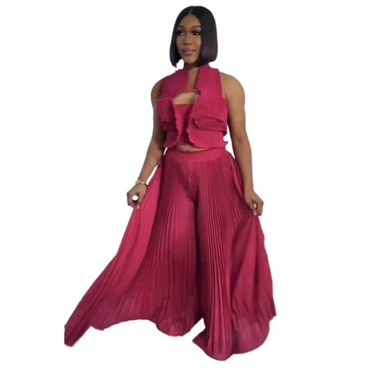 Miyake Solid Two Piece Sets for Women Halter Sleeveless Spliced Ruffles Short Top High Waist Folds Long Dress Elegant Set Female - SHOWLU FASHION STORE