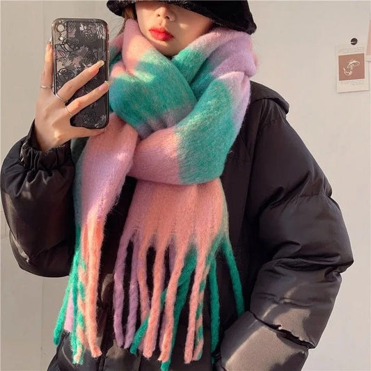 Mohair Rainbow Winter Plaid Cashmere Scarf Shawl Wrap Chequered Scarves Necks Warm Long Tassel Thicker bufanda invierno mujer - SHOWLU FASHION STORE