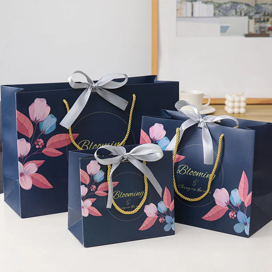 Multi size Blue Paper gift Bags with handles Flower Pattern Shopping Package Bag New Year DIY Wedding Birthday Party Gift bags - SHOWLU FASHION STORE