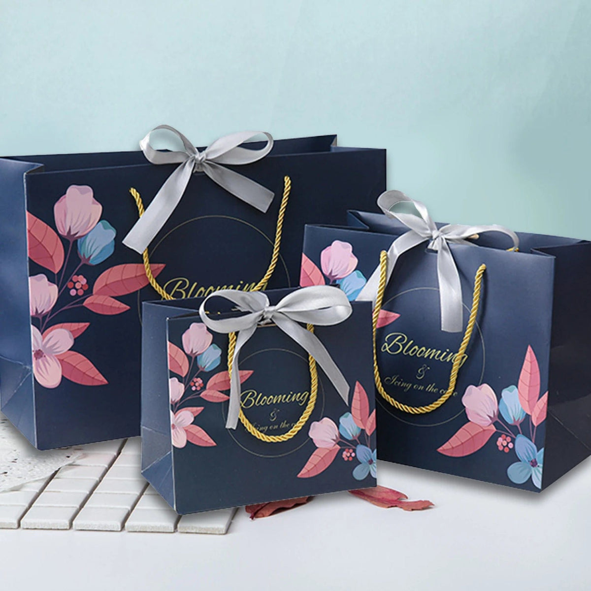 Multi size Blue Paper gift Bags with handles Flower Pattern Shopping Package Bag New Year DIY Wedding Birthday Party Gift bags - SHOWLU FASHION STORE