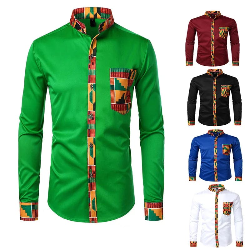New African Clothing Men's Shirt Standing Neck Digital Printing Long Sleeve Flower Shirt Men's Cardigan Top - SHOWLU FASHION STORE