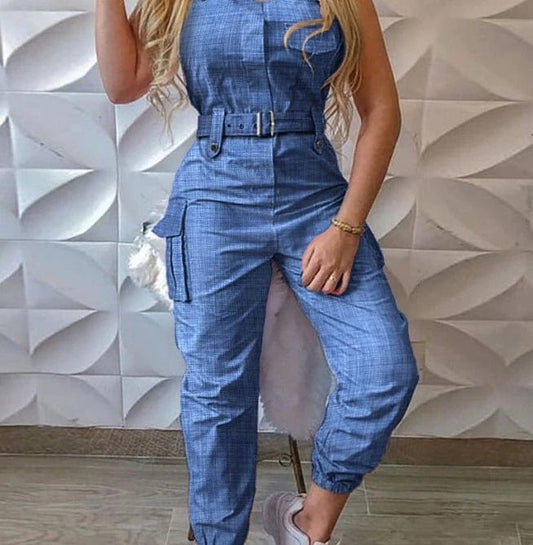 New Fashion 2024 Summer Casual Imitation Denim High Waisted Workwear Jumpsuit Sexy Elegant One Pieces Female Clothing Outfits - SHOWLU FASHION STORE