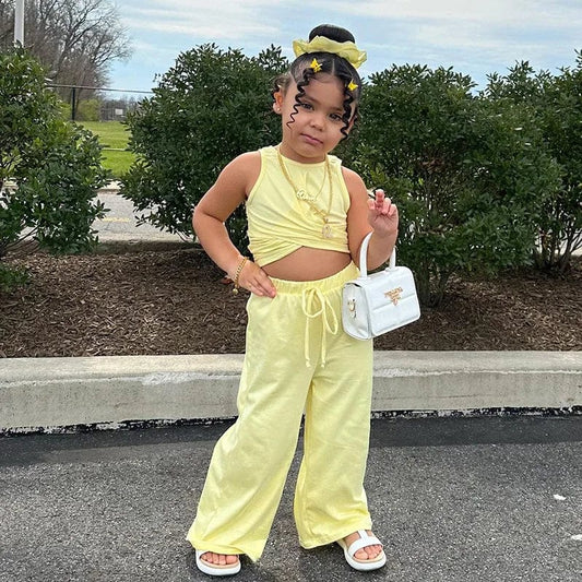 New Girls Fashion Solid vest Top + wide leg pants 2 Pieces Set Casual Kids Clothes Age 2T - 7T - SHOWLU FASHION STORE