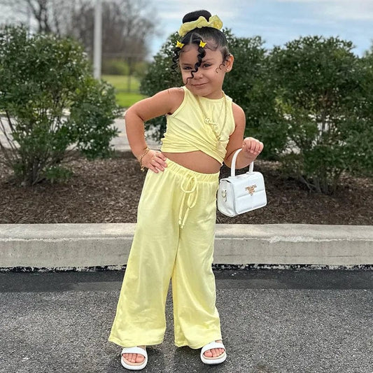 New Girls Fashion Solid vest Top + wide leg pants 2 Pieces Set Casual Kids Clothes Age 2T - 7T - SHOWLU FASHION STORE