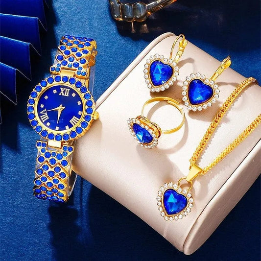 New Luxury Watch Women Necklace Earring Blue Rhinestone Fashion Wristwatch Casual Ladies Watches Jewelry Set Relogio Feminino - SHOWLU FASHION STORE