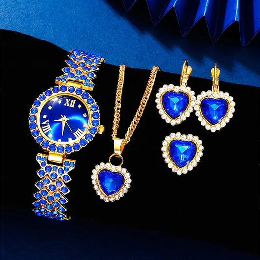 New Luxury Watch Women Necklace Earring Blue Rhinestone Fashion Wristwatch Casual Ladies Watches Jewelry Set Relogio Feminino - SHOWLU FASHION STORE