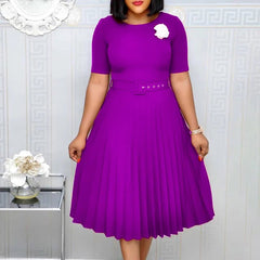 New Plus size women's Summer Style Elegant Ladies fashion short sleeve pleated high waist Dresses ladies dress for women - SHOWLU FASHION STORE
