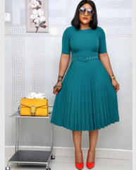 New Plus size women's Summer Style Elegant Ladies fashion short sleeve pleated high waist Dresses ladies dress for women - SHOWLU FASHION STORE