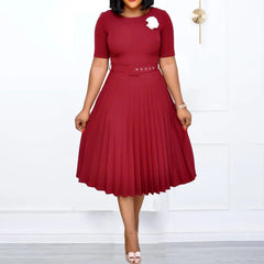 New Plus size women's Summer Style Elegant Ladies fashion short sleeve pleated high waist Dresses ladies dress for women - SHOWLU FASHION STORE