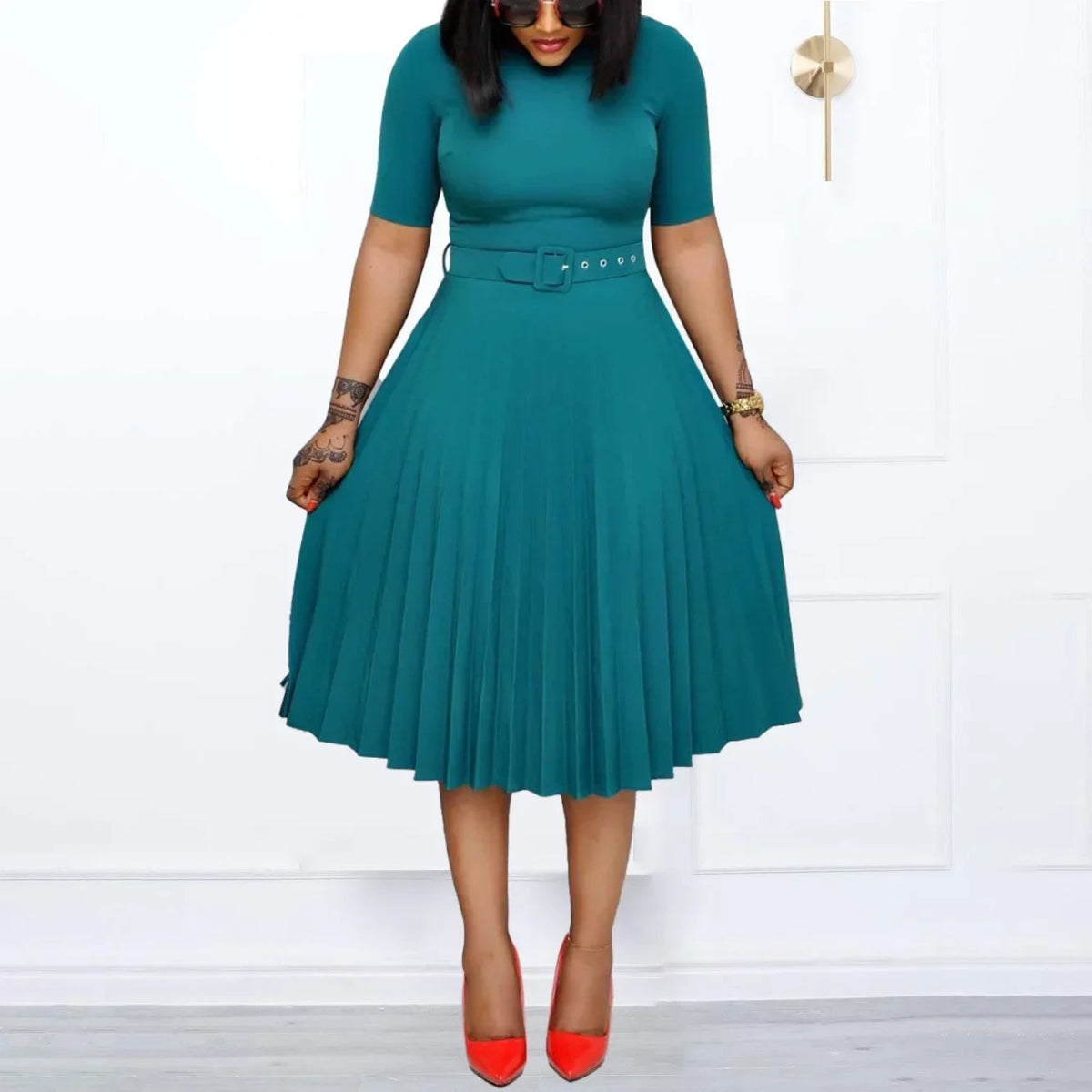 New Plus size women's Summer Style Elegant Ladies fashion short sleeve pleated high waist Dresses ladies dress for women - SHOWLU FASHION STORE