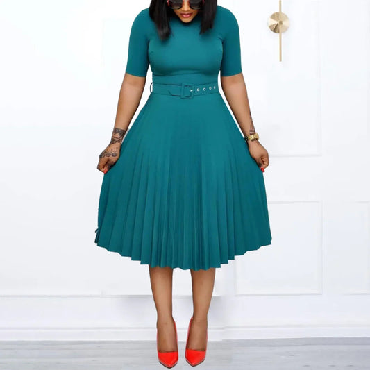 New Plus size women's Summer Style Elegant Ladies fashion short sleeve pleated high waist Dresses ladies dress for women - SHOWLU FASHION STORE