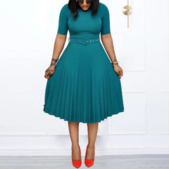 New Plus size women's Summer Style Elegant Ladies fashion short sleeve pleated high waist Dresses ladies dress for women - SHOWLU FASHION STORE
