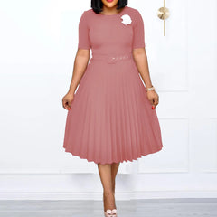 New Plus size women's Summer Style Elegant Ladies fashion short sleeve pleated high waist Dresses ladies dress for women - SHOWLU FASHION STORE