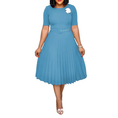 New Plus size women's Summer Style Elegant Ladies fashion short sleeve pleated high waist Dresses ladies dress for women - SHOWLU FASHION STORE