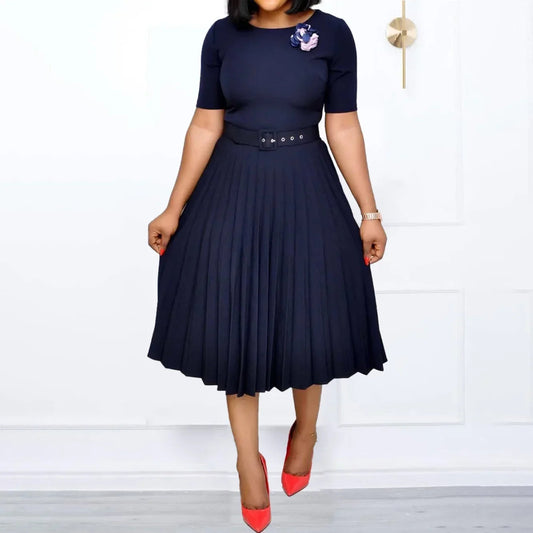 New Plus size women's Summer Style Elegant Ladies fashion short sleeve pleated high waist Dresses ladies dress for women - SHOWLU FASHION STORE