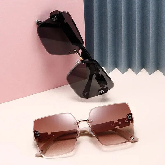 New Square Rimless Cut Edge Sunglasses Hong Kong Style Ladies Round Face Slimming Big Frame Fashion Sunglasses - SHOWLU FASHION STORE