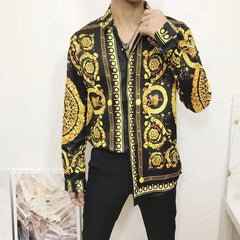 Newest Autumn Shirts For Men 3D Baroque Long Sleeve Luxury Social Shirt V - neck Oversized Tops Tees Shirt Homme Autumn Clothin - SHOWLU FASHION STORE