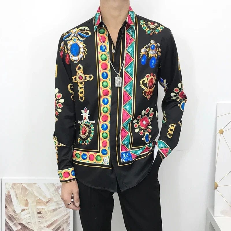 Newest Autumn Shirts For Men 3D Baroque Long Sleeve Luxury Social Shirt V - neck Oversized Tops Tees Shirt Homme Autumn Clothin - SHOWLU FASHION STORE