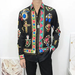 Newest Autumn Shirts For Men 3D Baroque Long Sleeve Luxury Social Shirt V - neck Oversized Tops Tees Shirt Homme Autumn Clothin - SHOWLU FASHION STORE