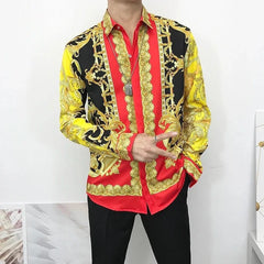 Newest Autumn Shirts For Men 3D Baroque Long Sleeve Luxury Social Shirt V - neck Oversized Tops Tees Shirt Homme Autumn Clothin - SHOWLU FASHION STORE