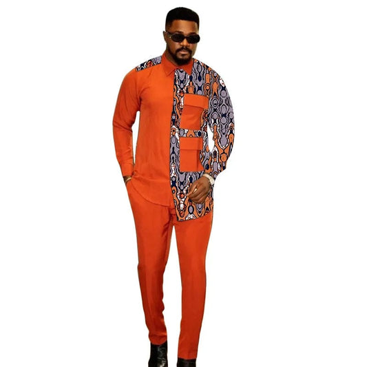 Nigerian Fashion Light Orange Shirts+Trousers Mens Party Suit African Print Male Casual Outfits 2 Pieces Wedding Costume - SHOWLU FASHION STORE
