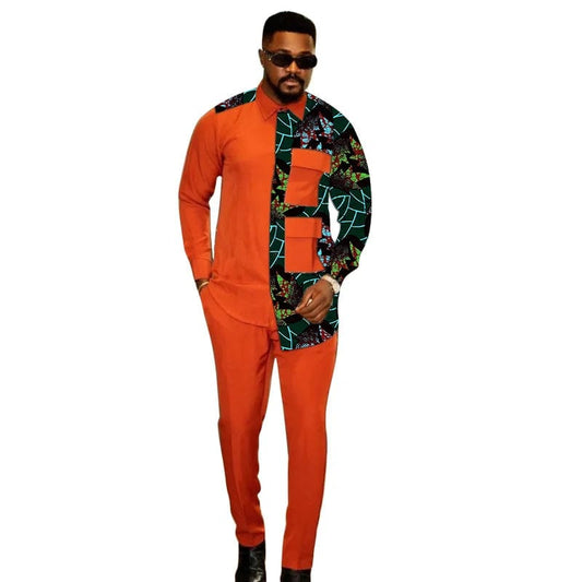 Nigerian Fashion Light Orange Shirts+Trousers Mens Party Suit African Print Male Casual Outfits 2 Pieces Wedding Costume - SHOWLU FASHION STORE