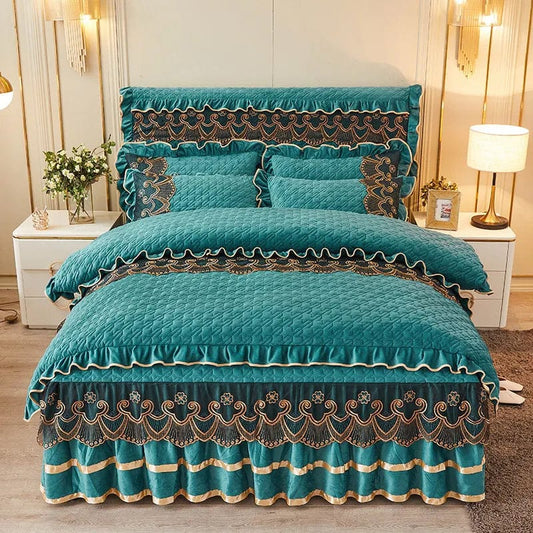 Nordic Quilted Velvet Duvet Cover Bedding Set Luxury Queen King Double Bed Lace Fleece Quilt Cover Fitted Bed Sheet Set Soft 4PC - SHOWLU FASHION STORE