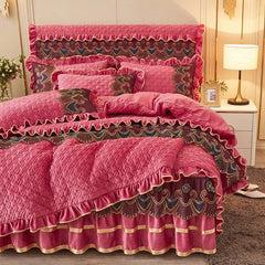 Nordic Quilted Velvet Duvet Cover Bedding Set Luxury Queen King Double Bed Lace Fleece Quilt Cover Fitted Bed Sheet Set Soft 4PC - SHOWLU FASHION STORE