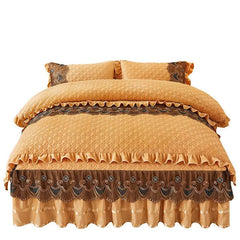 Nordic Quilted Velvet Duvet Cover Bedding Set Luxury Queen King Double Bed Lace Fleece Quilt Cover Fitted Bed Sheet Set Soft 4PC - SHOWLU FASHION STORE