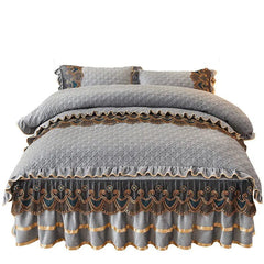 Nordic Quilted Velvet Duvet Cover Bedding Set Luxury Queen King Double Bed Lace Fleece Quilt Cover Fitted Bed Sheet Set Soft 4PC - SHOWLU FASHION STORE