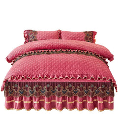 Nordic Quilted Velvet Duvet Cover Bedding Set Luxury Queen King Double Bed Lace Fleece Quilt Cover Fitted Bed Sheet Set Soft 4PC - SHOWLU FASHION STORE