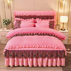 Nordic Quilted Velvet Duvet Cover Bedding Set Luxury Queen King Double Bed Lace Fleece Quilt Cover Fitted Bed Sheet Set Soft 4PC - SHOWLU FASHION STORE