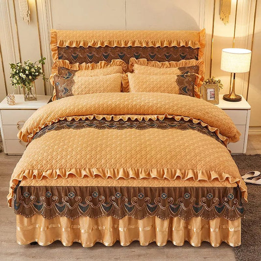 Nordic Quilted Velvet Duvet Cover Bedding Set Luxury Queen King Double Bed Lace Fleece Quilt Cover Fitted Bed Sheet Set Soft 4PC - SHOWLU FASHION STORE