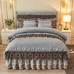 Nordic Quilted Velvet Duvet Cover Bedding Set Luxury Queen King Double Bed Lace Fleece Quilt Cover Fitted Bed Sheet Set Soft 4PC - SHOWLU FASHION STORE