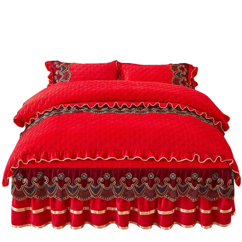 Nordic Quilted Velvet Duvet Cover Bedding Set Luxury Queen King Double Bed Lace Fleece Quilt Cover Fitted Bed Sheet Set Soft 4PC - SHOWLU FASHION STORE