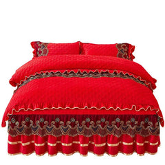 Nordic Quilted Velvet Duvet Cover Bedding Set Luxury Queen King Double Bed Lace Fleece Quilt Cover Fitted Bed Sheet Set Soft 4PC - SHOWLU FASHION STORE
