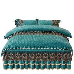 Nordic Quilted Velvet Duvet Cover Bedding Set Luxury Queen King Double Bed Lace Fleece Quilt Cover Fitted Bed Sheet Set Soft 4PC - SHOWLU FASHION STORE
