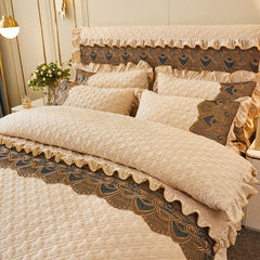Nordic Quilted Velvet Duvet Cover Bedding Set Luxury Queen King Double Bed Lace Fleece Quilt Cover Fitted Bed Sheet Set Soft 4PC - SHOWLU FASHION STORE