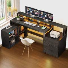 Office Furniture Desk Sets ,65" L Shaped Desk With Power Outlets And Monitor Stand , Computer Desk With LED Light &File Cabinet - SHOWLU FASHION STORE