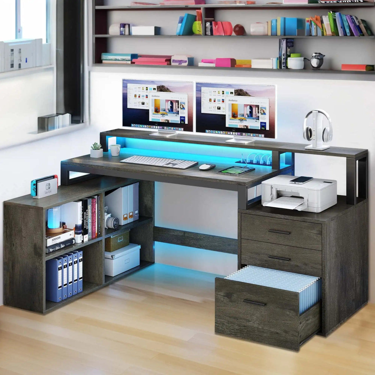 Office Furniture Desk Sets ,65" L Shaped Desk With Power Outlets And Monitor Stand , Computer Desk With LED Light &File Cabinet - SHOWLU FASHION STORE