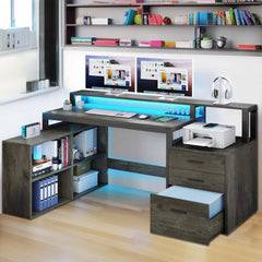 Office Furniture Desk Sets ,65" L Shaped Desk With Power Outlets And Monitor Stand , Computer Desk With LED Light &File Cabinet - SHOWLU FASHION STORE