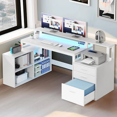 Office Furniture Desk Sets ,65" L Shaped Desk With Power Outlets And Monitor Stand , Computer Desk With LED Light &File Cabinet - SHOWLU FASHION STORE