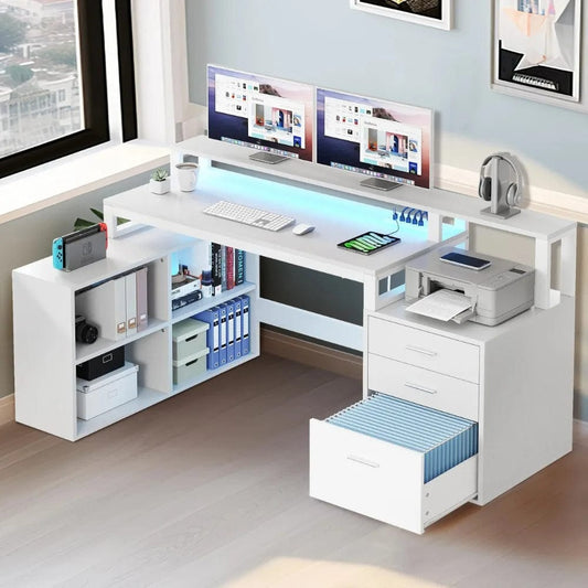 Office Furniture Desk Sets ,65" L Shaped Desk With Power Outlets And Monitor Stand , Computer Desk With LED Light &File Cabinet - SHOWLU FASHION STORE