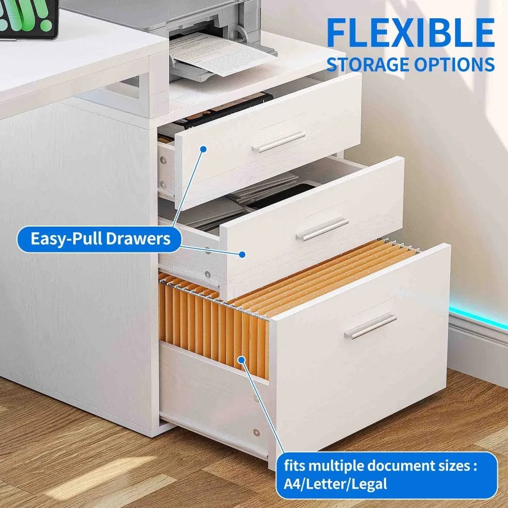 Office Furniture Desk Sets ,65" L Shaped Desk With Power Outlets And Monitor Stand , Computer Desk With LED Light &File Cabinet - SHOWLU FASHION STORE