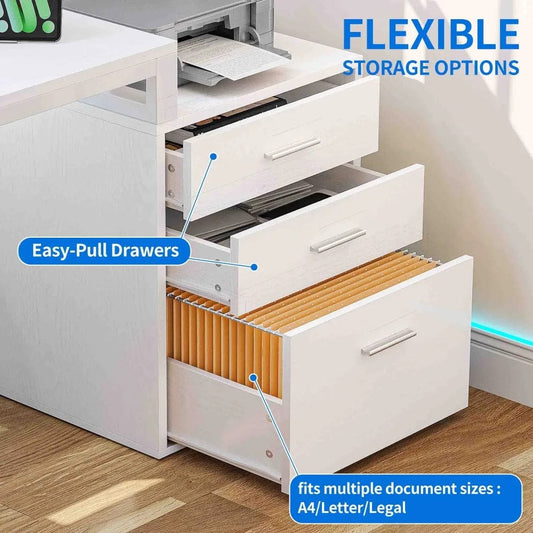 Office Furniture Desk Sets ,65" L Shaped Desk With Power Outlets And Monitor Stand , Computer Desk With LED Light &File Cabinet - SHOWLU FASHION STORE