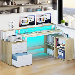 Office Furniture Desk Sets ,65" L Shaped Desk With Power Outlets And Monitor Stand , Computer Desk With LED Light &File Cabinet - SHOWLU FASHION STORE