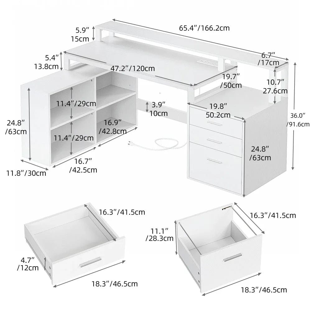 Office Furniture Desk Sets ,65" L Shaped Desk With Power Outlets And Monitor Stand , Computer Desk With LED Light &File Cabinet - SHOWLU FASHION STORE