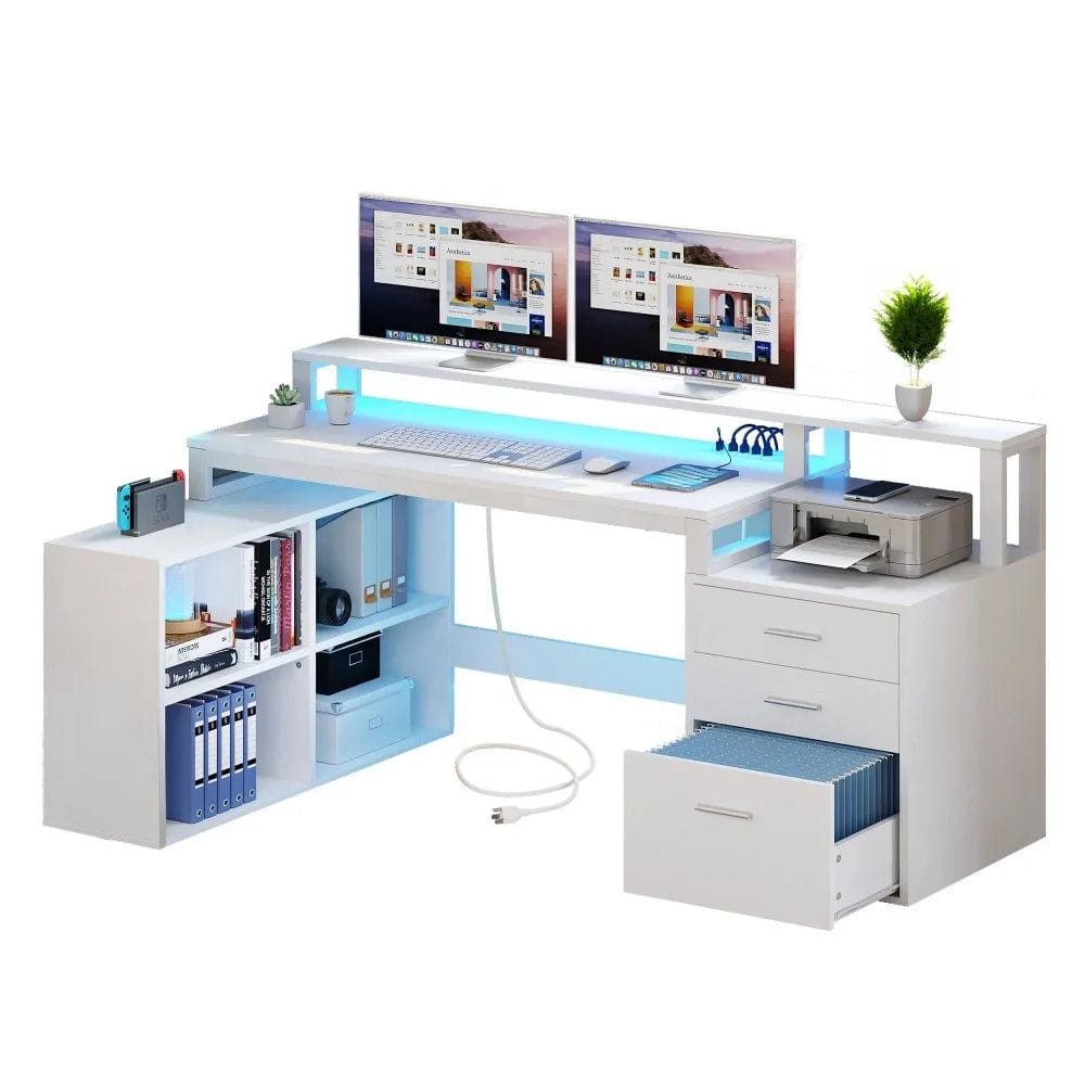 Office Furniture Desk Sets ,65" L Shaped Desk With Power Outlets And Monitor Stand , Computer Desk With LED Light &File Cabinet - SHOWLU FASHION STORE