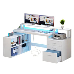 Office Furniture Desk Sets ,65" L Shaped Desk With Power Outlets And Monitor Stand , Computer Desk With LED Light &File Cabinet - SHOWLU FASHION STORE