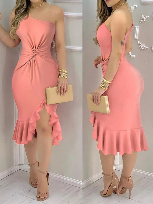 One Shoulder Ruffle Hem Asymmetrical Twist Slit Dress - SHOWLU FASHION STORE